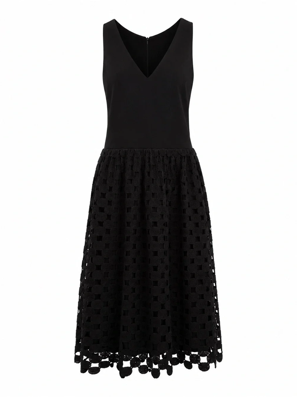 Tory Burch Black V-Neck Midi Dress with Lace-Crochet Skirt